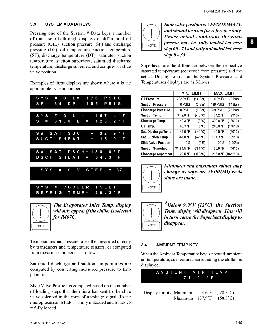 York YCAS0130 manual 145, MIN. Limit MAX. Limit 