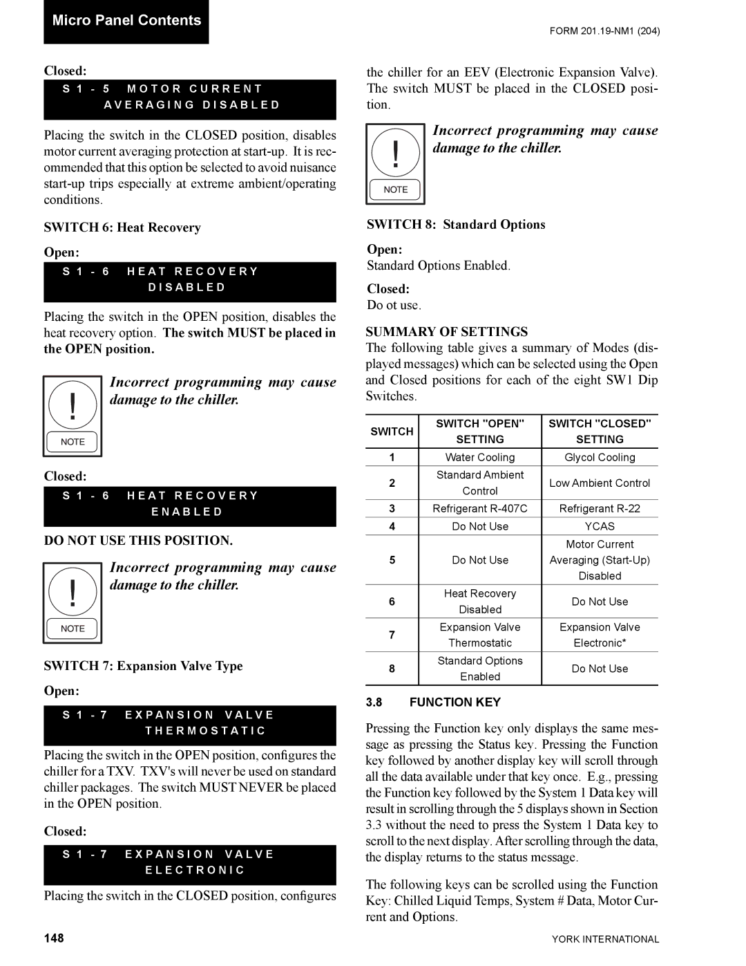 York YCAS0130 manual Switch 6 Heat Recovery Open, Switch 7 Expansion Valve Type Open, Switch 8 Standard Options Open, 148 