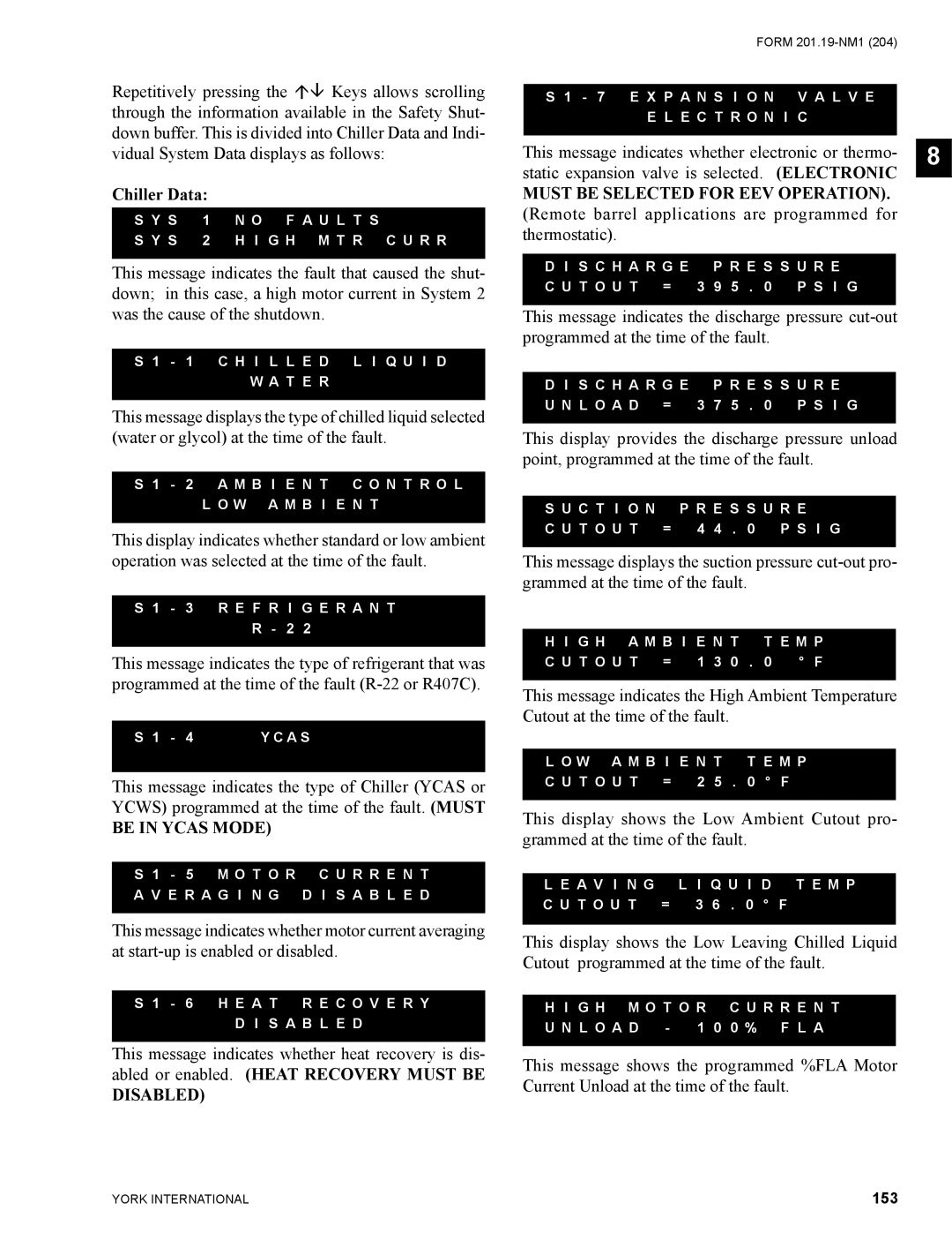York YCAS0130 manual Chiller Data, 153 