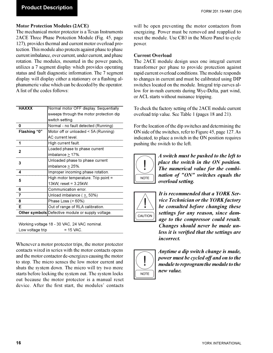 York YCAS0130 manual Motor Protection Modules 2ACE, Current Overload, Haxxx 