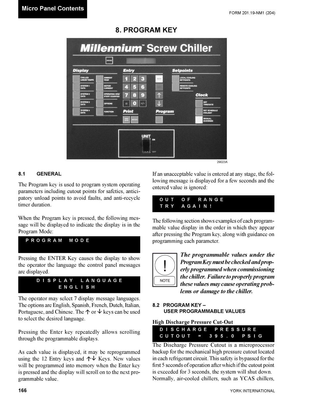 York YCAS0130 manual Program KEY, High Discharge Pressure Cut-Out, 166 