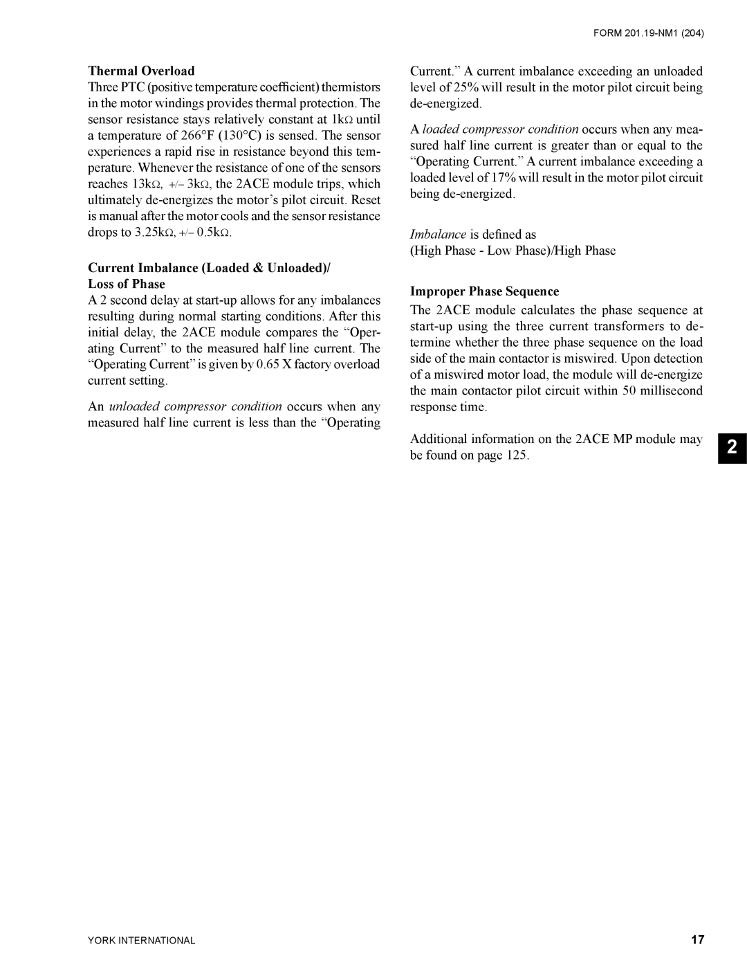 York YCAS0130 manual Thermal Overload, Current Imbalance Loaded & Unloaded/ Loss of Phase, Improper Phase Sequence 