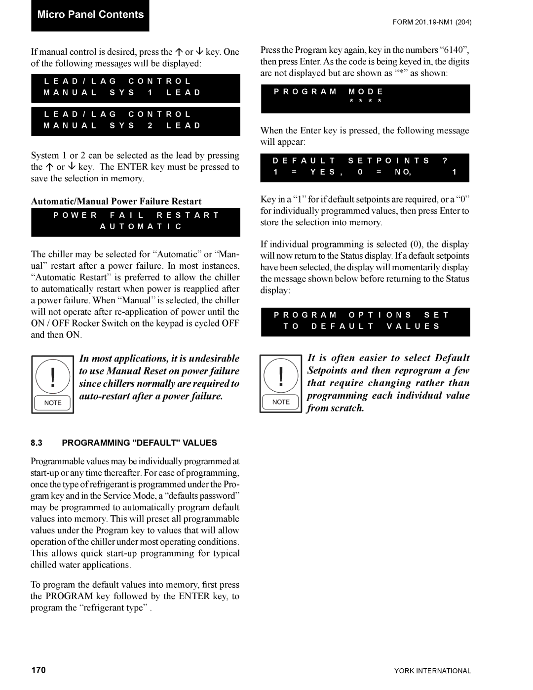 York YCAS0130 manual Automatic/Manual Power Failure Restart, 170 