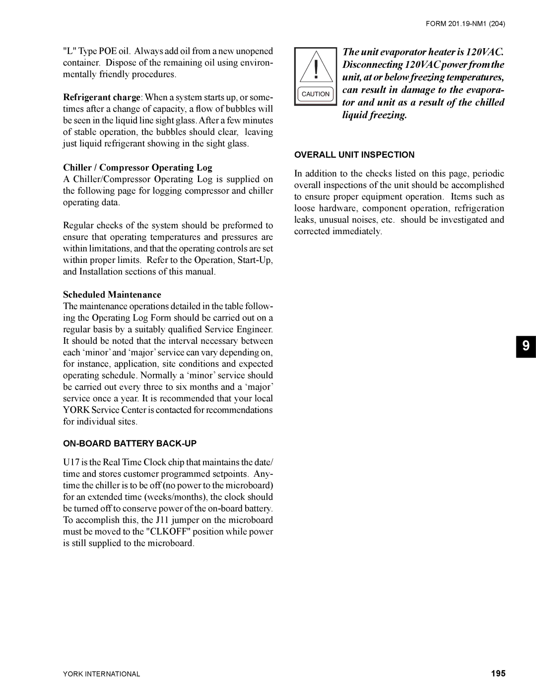 York YCAS0130 manual Chiller / Compressor Operating Log, Scheduled Maintenance, 195 