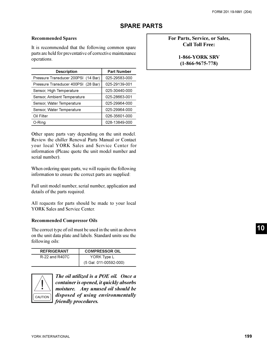 York YCAS0130 manual Spare Parts, Recommended Spares, Recommended Compressor Oils, 199, Refrigerant Compressor OIL 