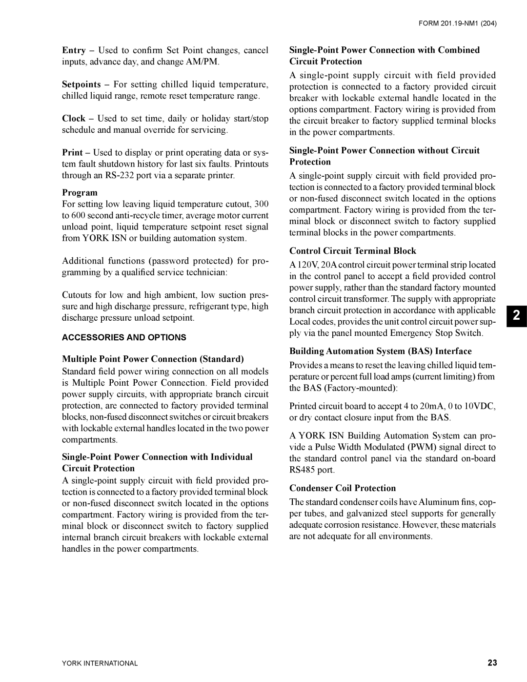 York YCAS0130 Program, Multiple Point Power Connection Standard, Single-Point Power Connection without Circuit Protection 