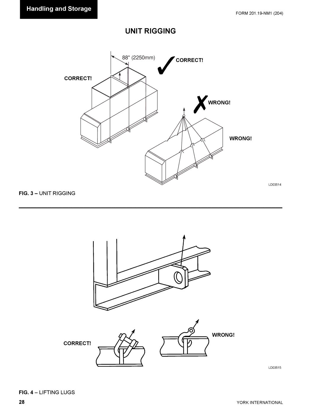 York YCAS0130 manual Unit Rigging, Lifting Lugs 
