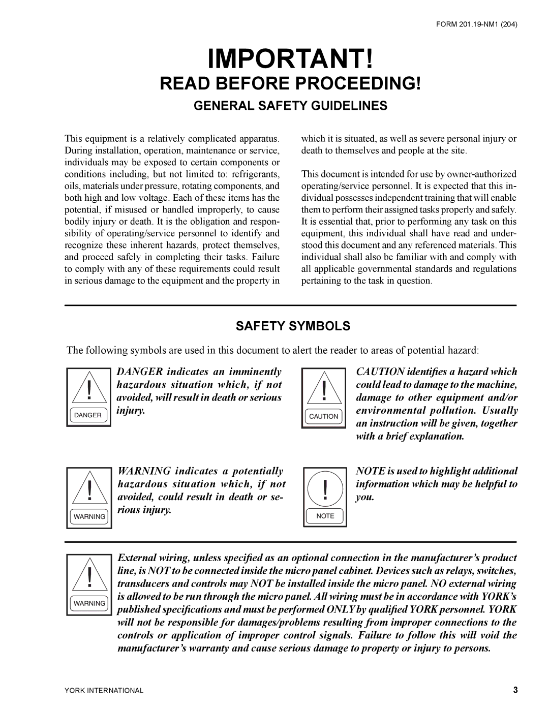 York YCAS0130 manual General Safety Guidelines, Safety Symbols 