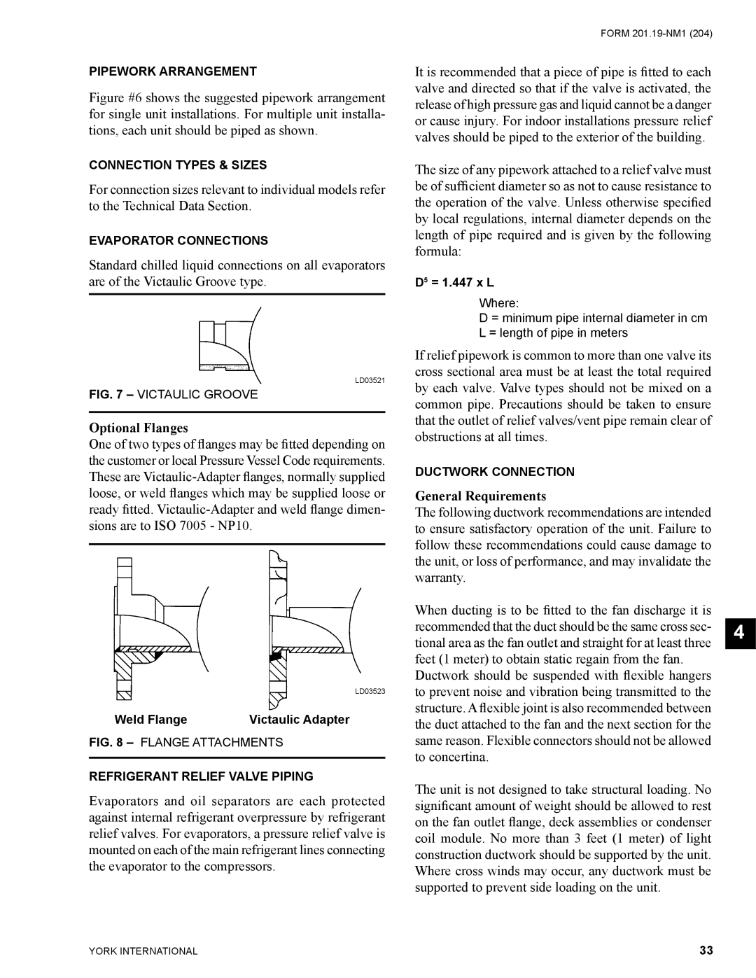 York YCAS0130 manual Optional Flanges, Weld Flange, D5 = 1.447 x L 