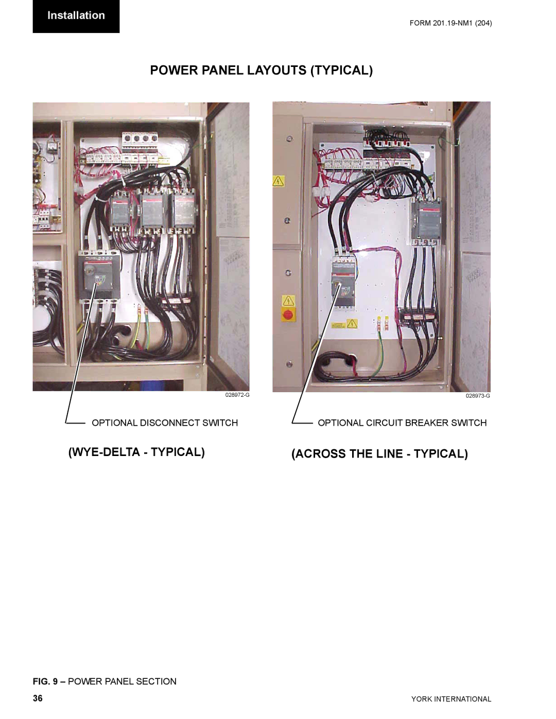 York YCAS0130 manual Power Panel Layouts Typical, Power Panel Section 