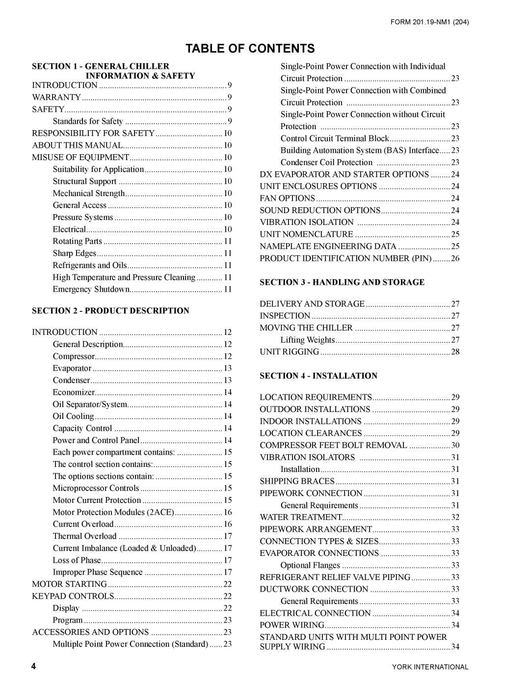 York YCAS0130 manual Table of Contents 