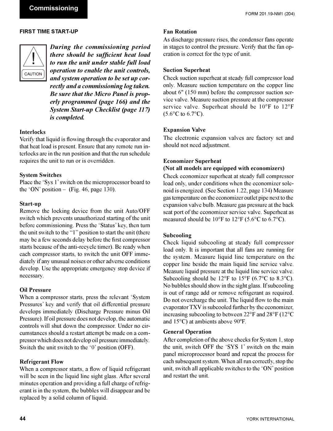 York YCAS0130 manual Interlocks, System Switches, Start-up, Oil Pressure, Refrigerant Flow, Fan Rotation, Suction Superheat 