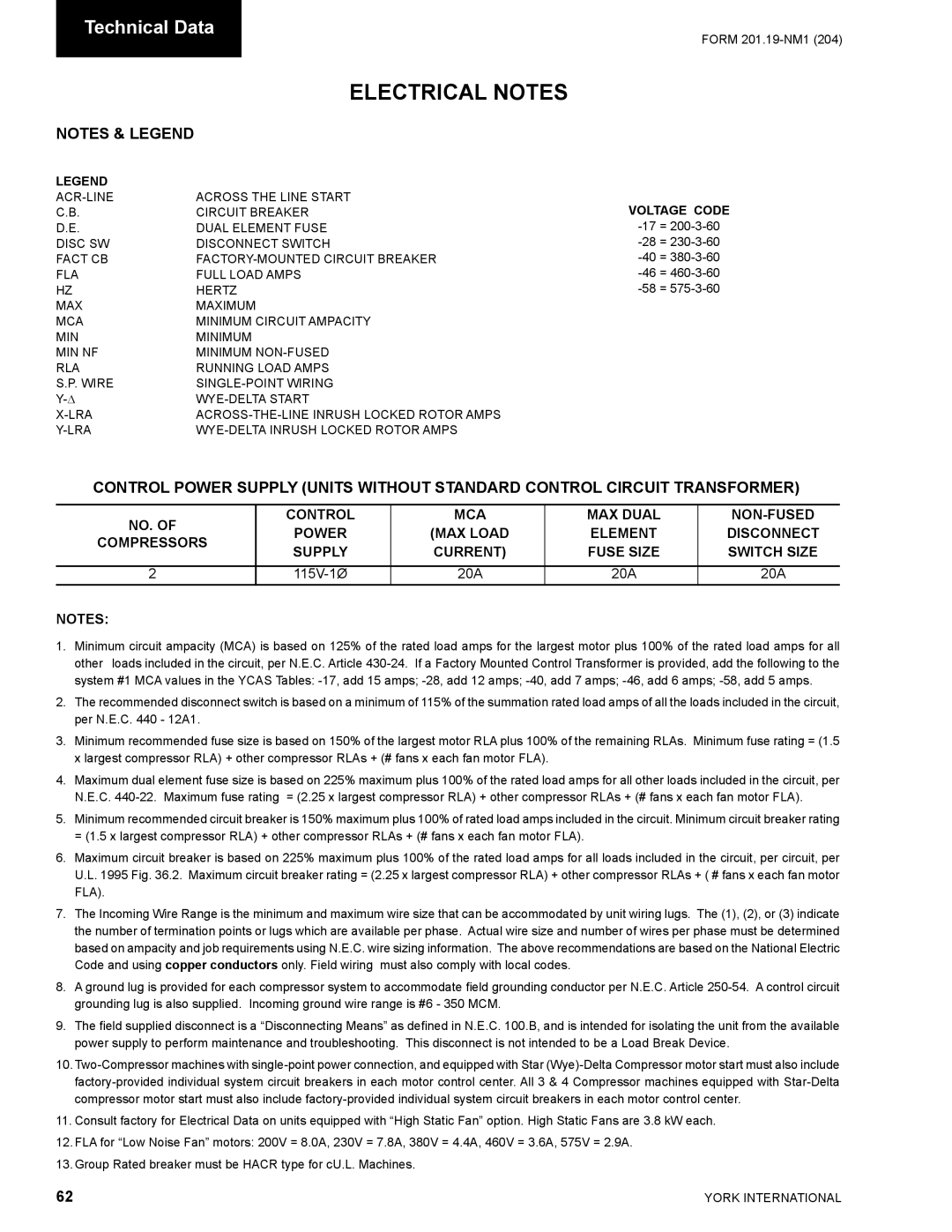 York YCAS0130 manual Electrical Notes, Voltage Code 