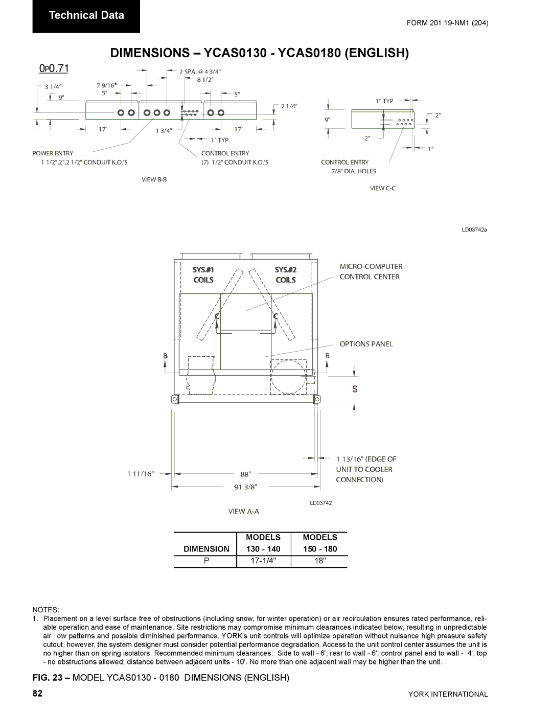 York manual Dimensions YCAS0130 YCAS0180 English, Models Dimension 