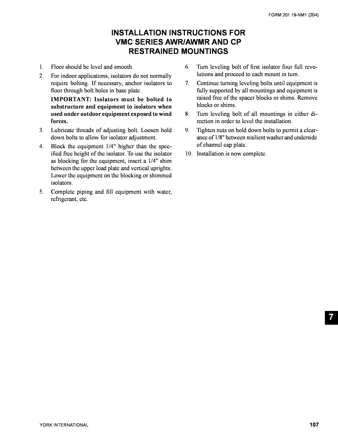 York YCAS0130 manual Installation Instructions For Vmc Series Awr/Awmr And Cp, Restrained Mountings 