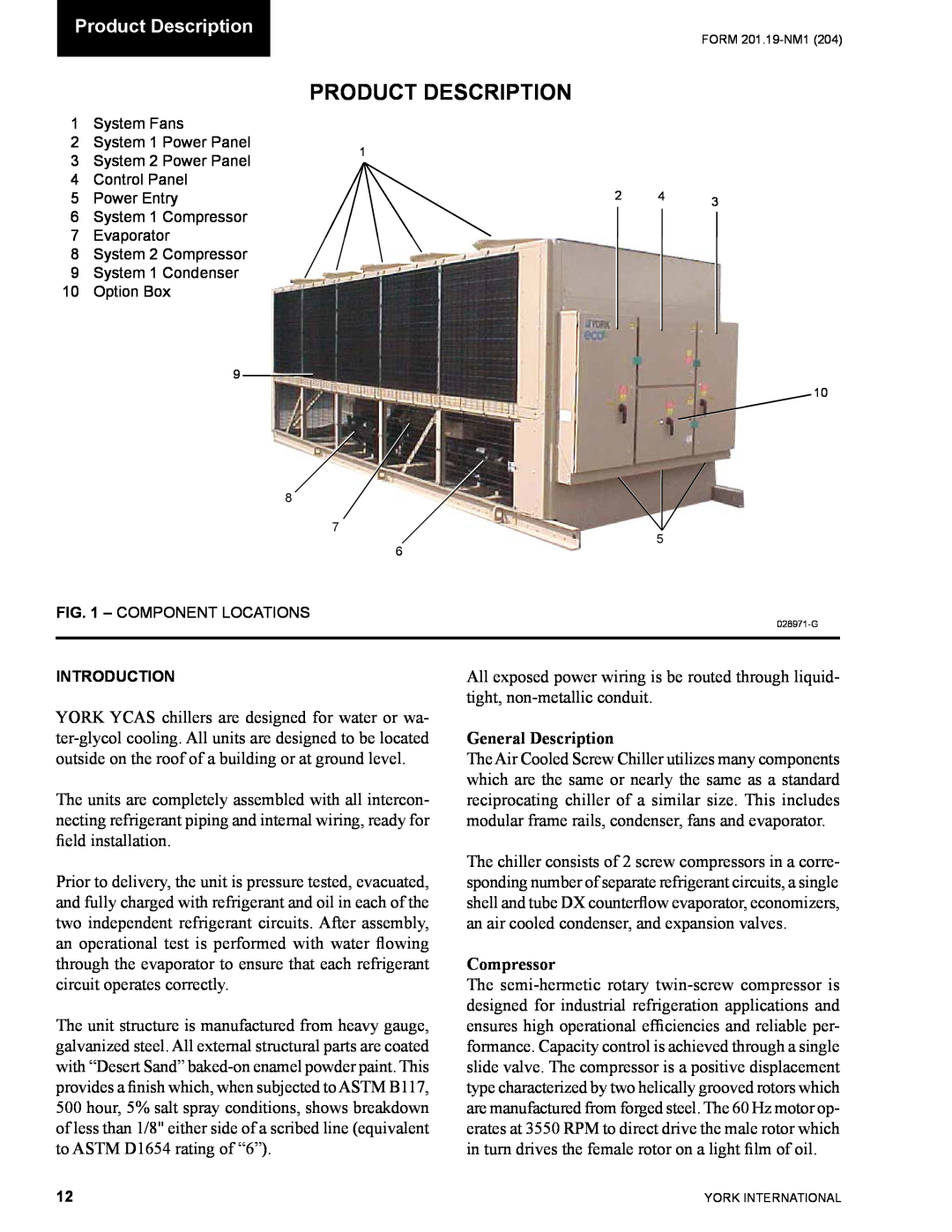 York YCAS0130 manual Product Description, General Description, Compressor 
