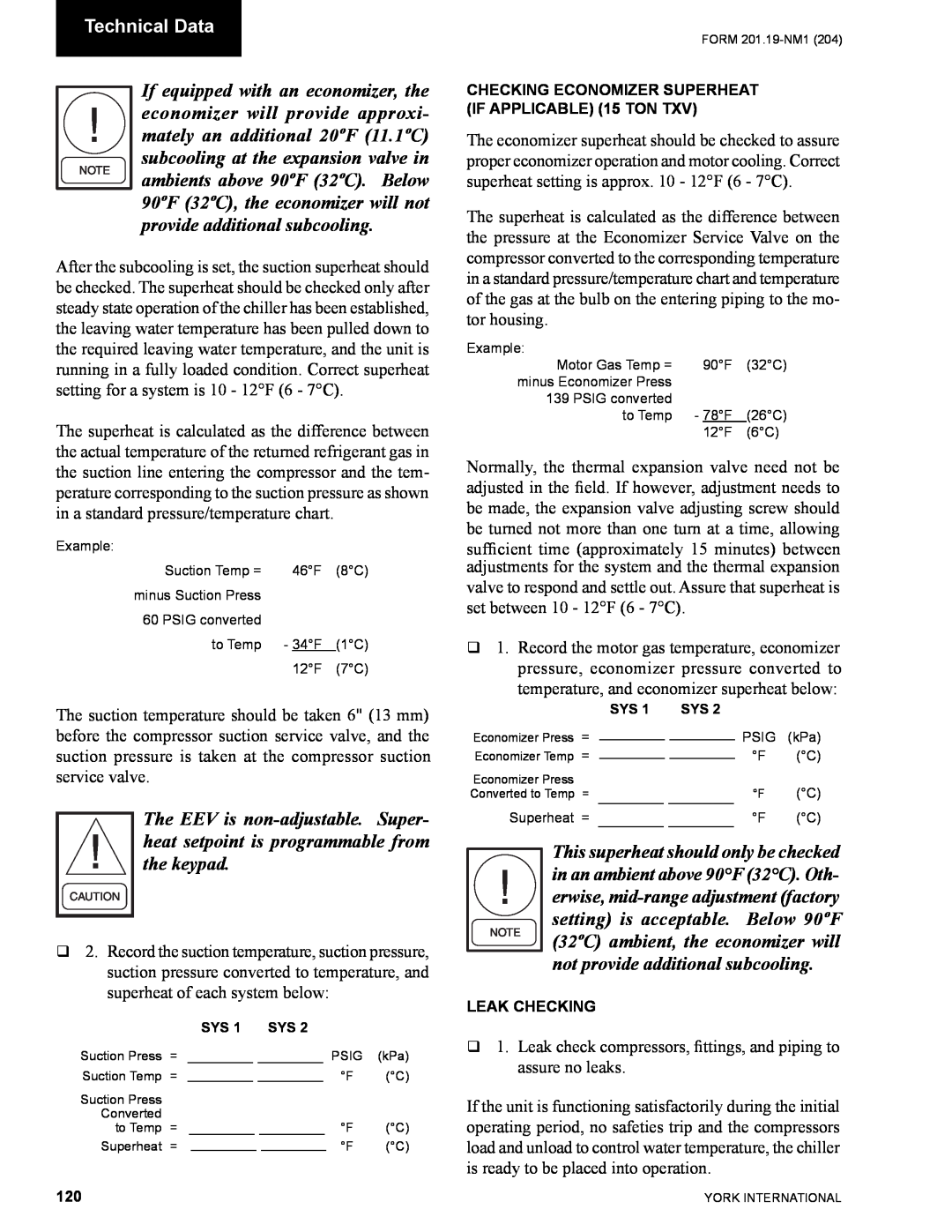 York YCAS0130 manual Technical Data, temperature, and economizer superheat below 