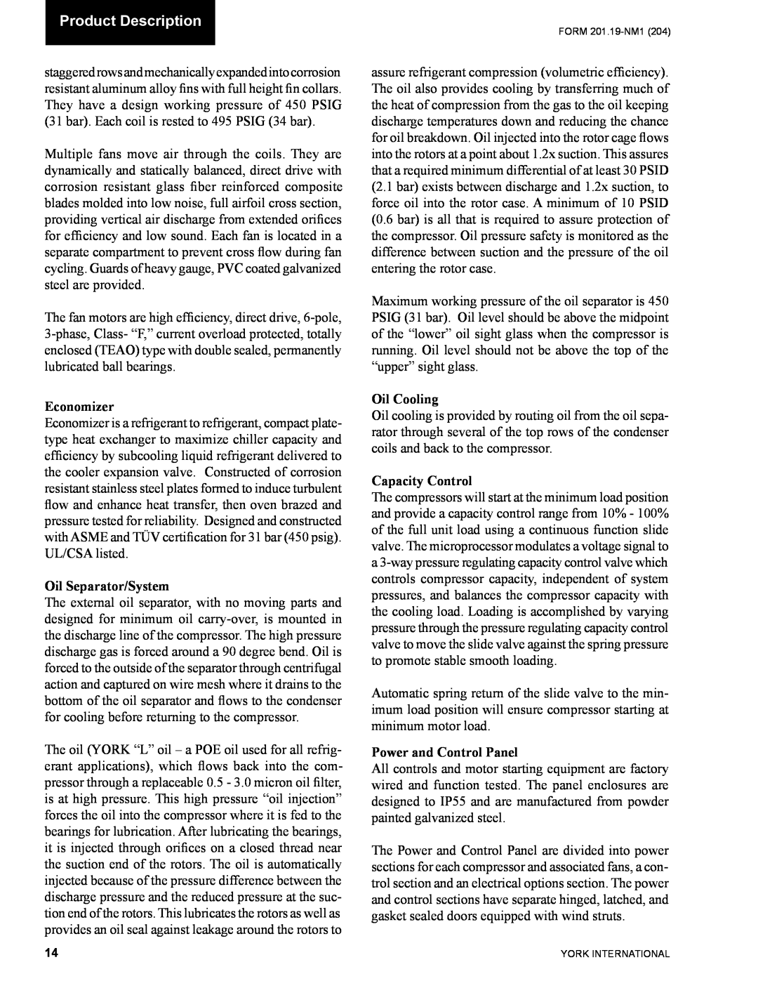 York YCAS0130 manual Product Description, Economizer, Oil Separator/System, Oil Cooling, Capacity Control 