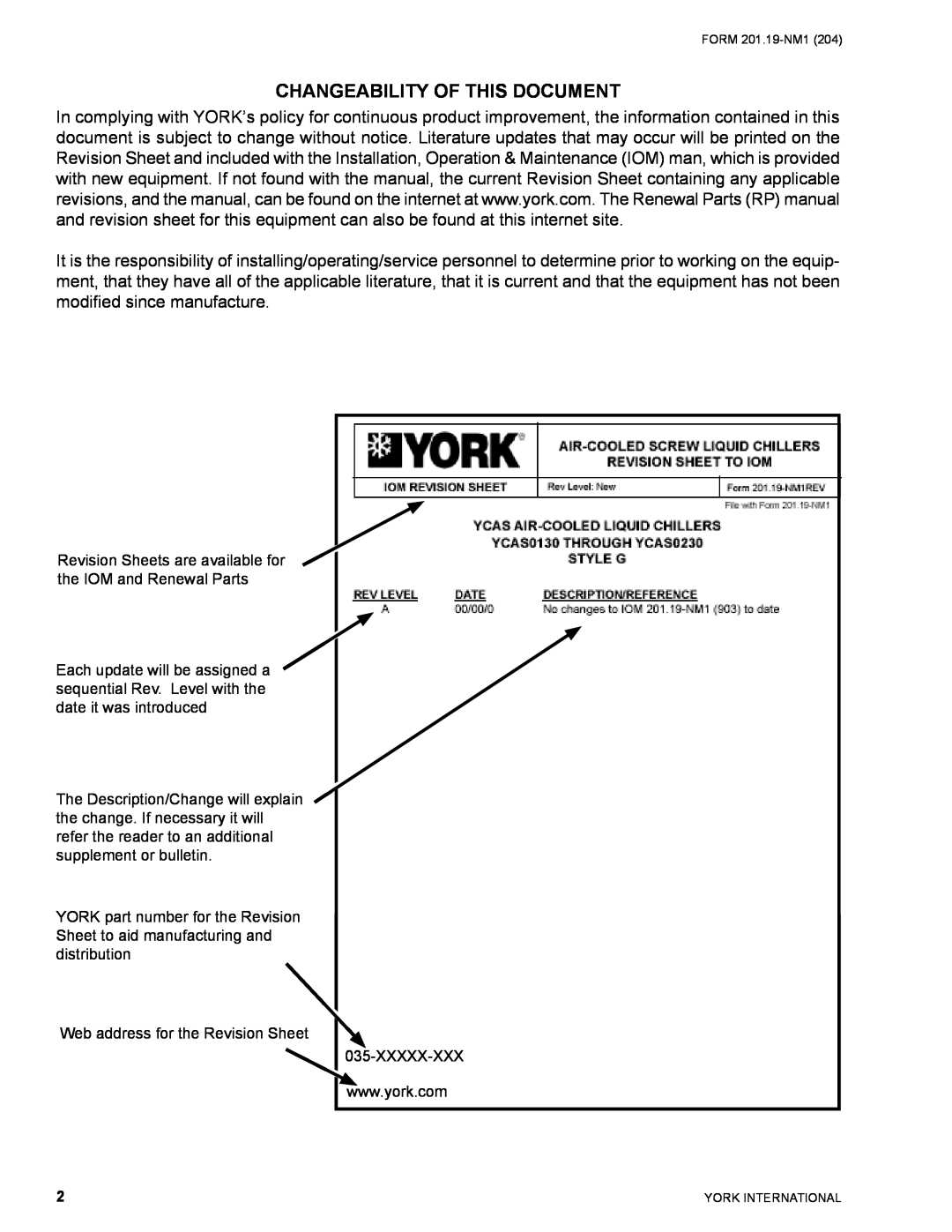 York YCAS0130 manual Changeability Of This Document 