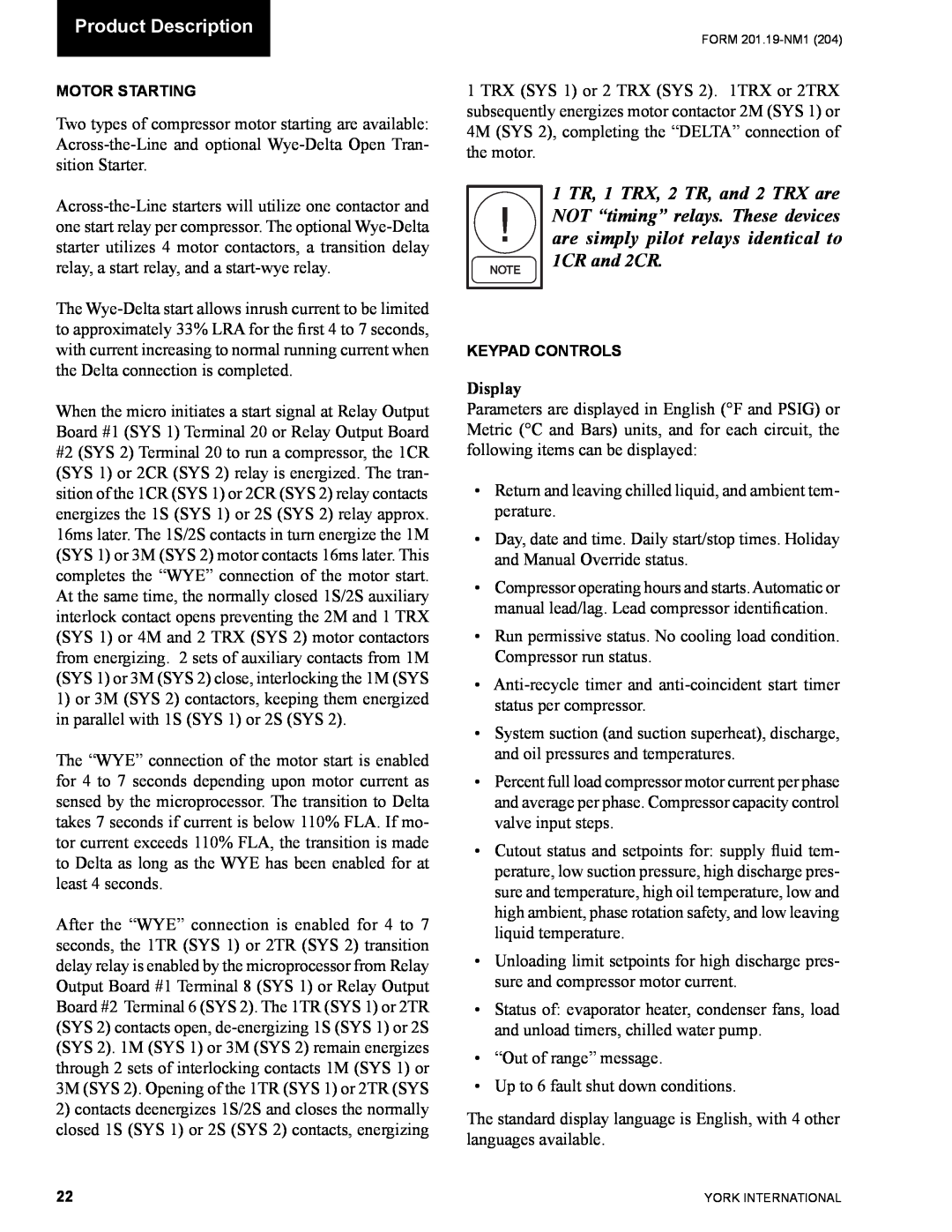 York YCAS0130 manual Product Description, Display 
