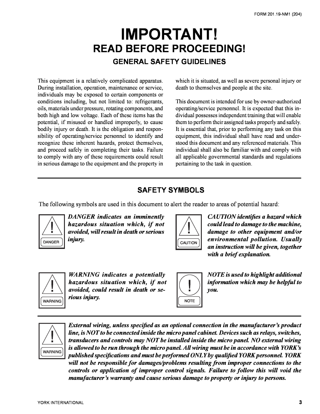 York YCAS0130 manual General Safety Guidelines, Safety Symbols, Read Before Proceeding 