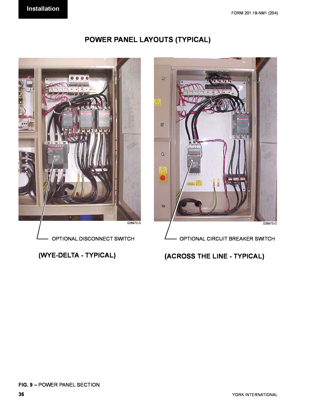 York YCAS0130 manual Power Panel Layouts Typical, Wye-Delta - Typical, Across The Line - Typical, Installation 