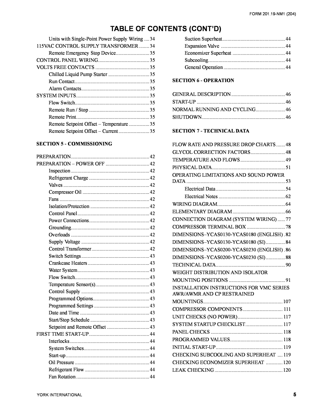 York YCAS0130 manual Table Of Contents Cont’D, Commissioning, Operation, Technical Data 