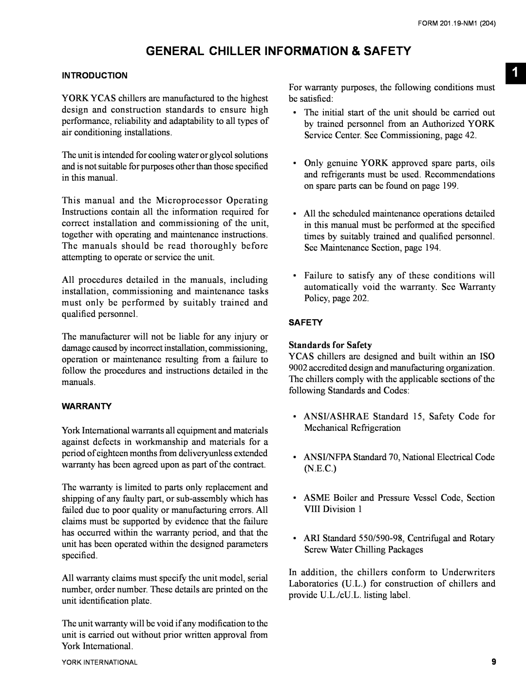 York YCAS0130 manual General Chiller Information & Safety, Standards for Safety 