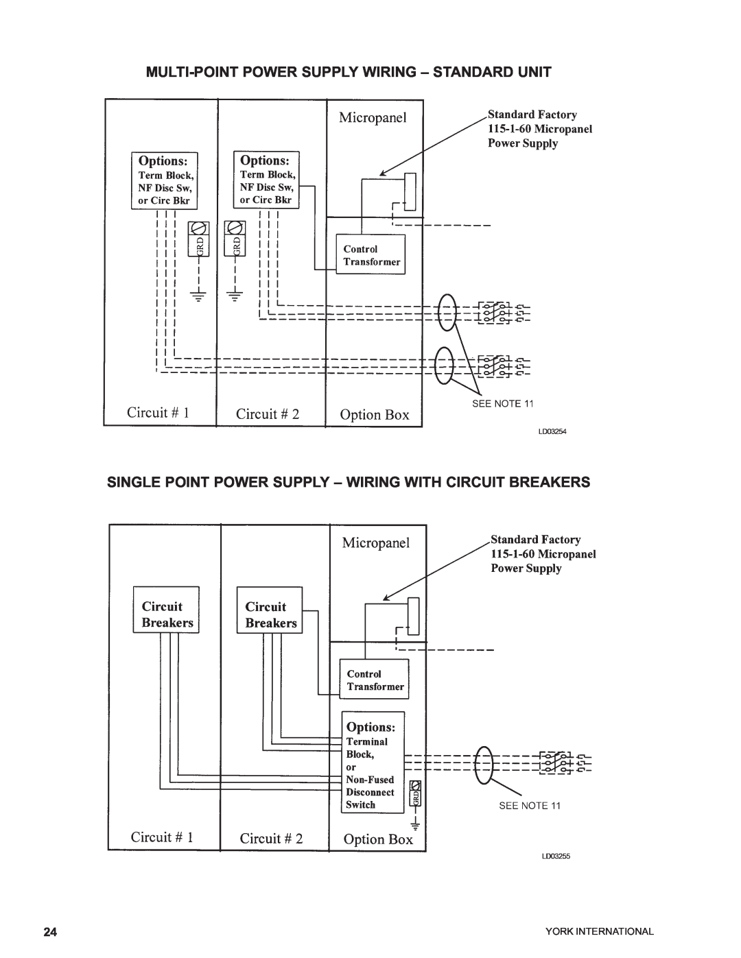 York YCAS0230 manual LD03254, LD03255, Multi-Pointpower Supply Wiring - Standard Unit 