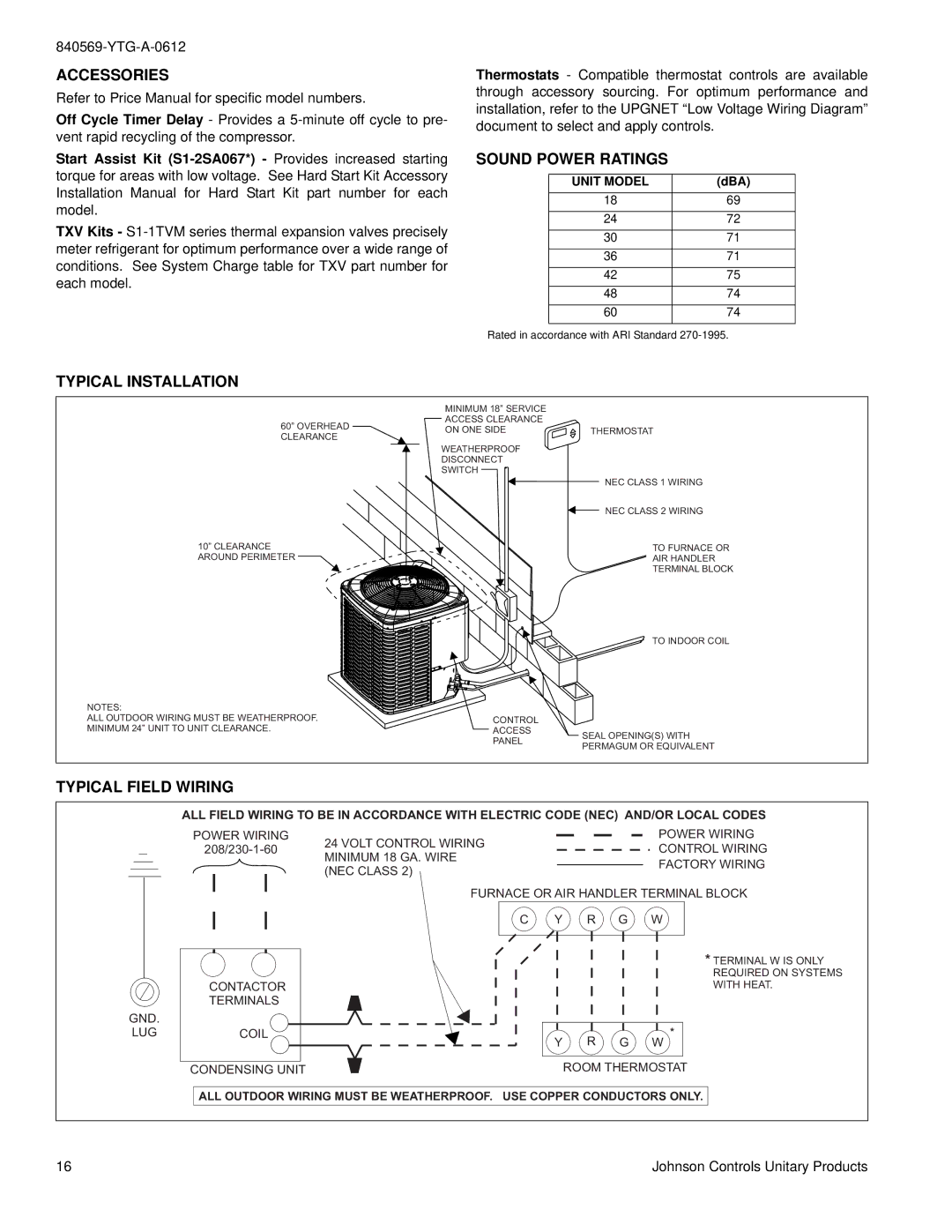 York YCJD18 THRU 60 warranty Sound Power Ratings 