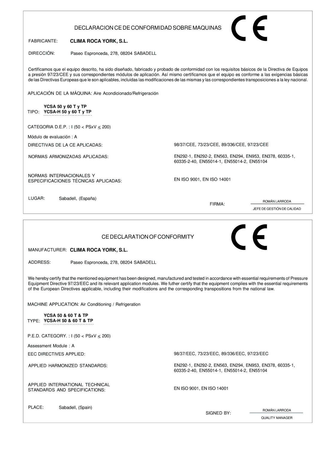 York YCSA installation instructions Declaracion CE DE Conformidad Sobre Maquinas 