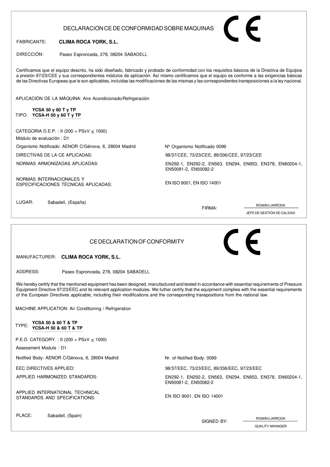 York YCSA installation instructions Directivas DE LA CE Aplicadas 