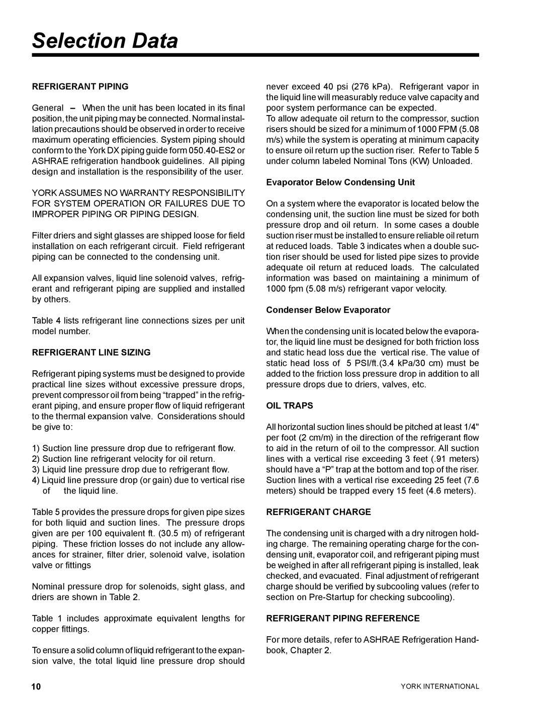 York YCUL0130, YCUL0016 manual Refrigerant Line Sizing, OIL Traps, Refrigerant Charge, Refrigerant Piping Reference 