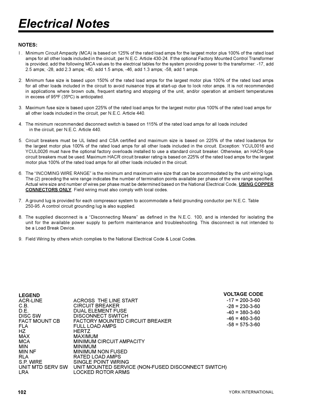 York YCUL0130, YCUL0016 manual Electrical Notes, Voltage Code 