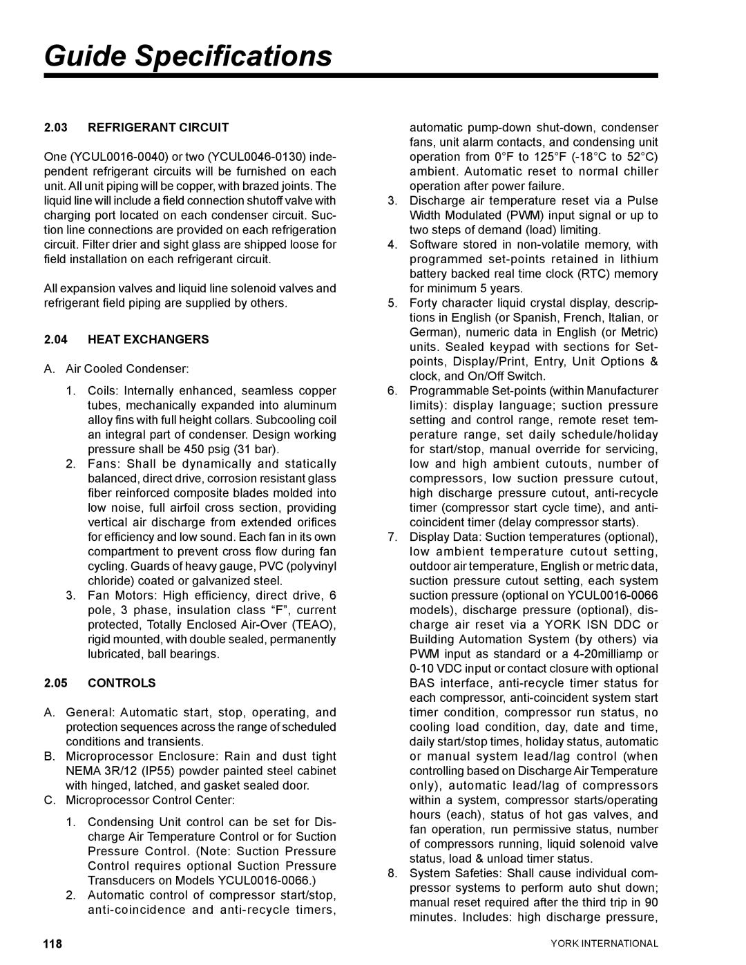 York YCUL0130, YCUL0016 manual Heat Exchangers, Controls 