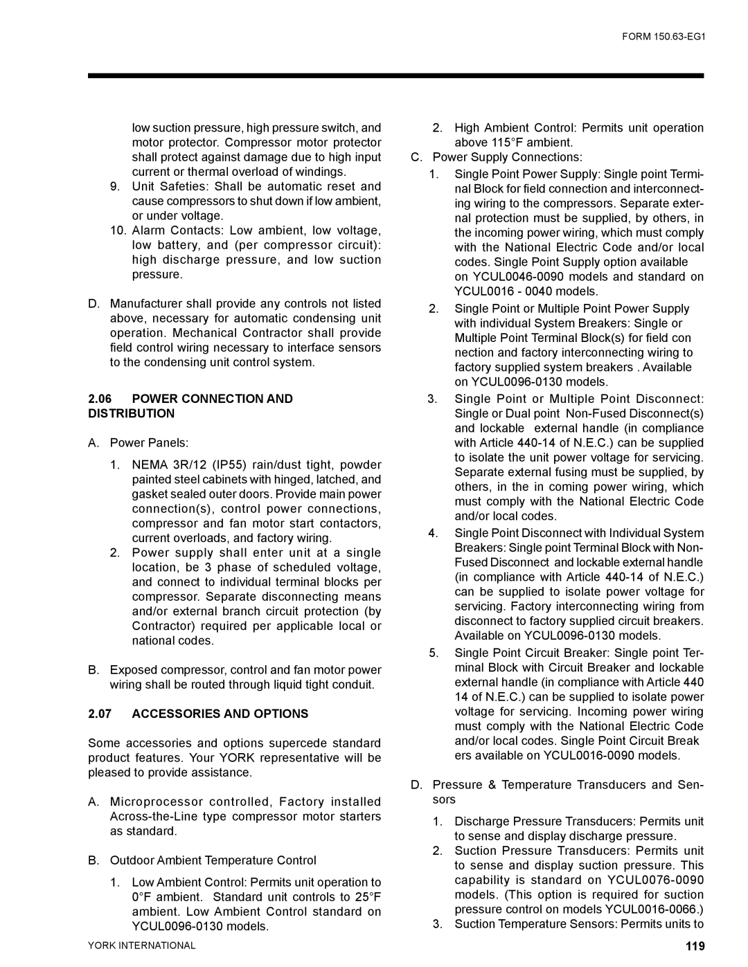 York YCUL0016, YCUL0130 manual Power Connection and Distribution, Accessories and Options 