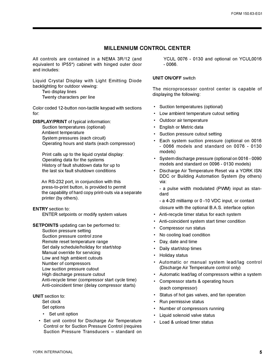 York YCUL0016, YCUL0130 manual Millennium Control Center, Unit ON/OFF switch 