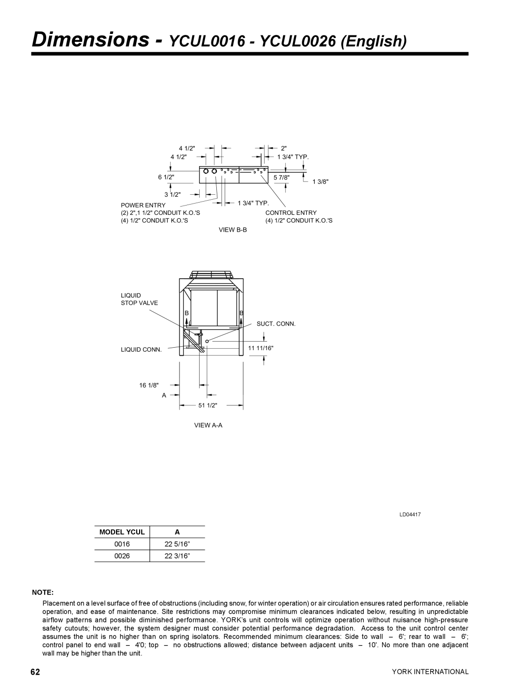 York YCUL0130 manual Dimensions YCUL0016 YCUL0026 English, Model Ycul 