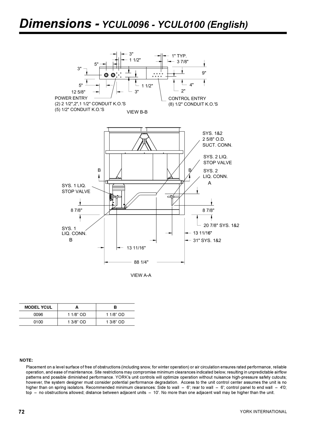 York YCUL0130, YCUL0016 manual Dimensions YCUL0096 YCUL0100 English, 0096 8 OD 0100 