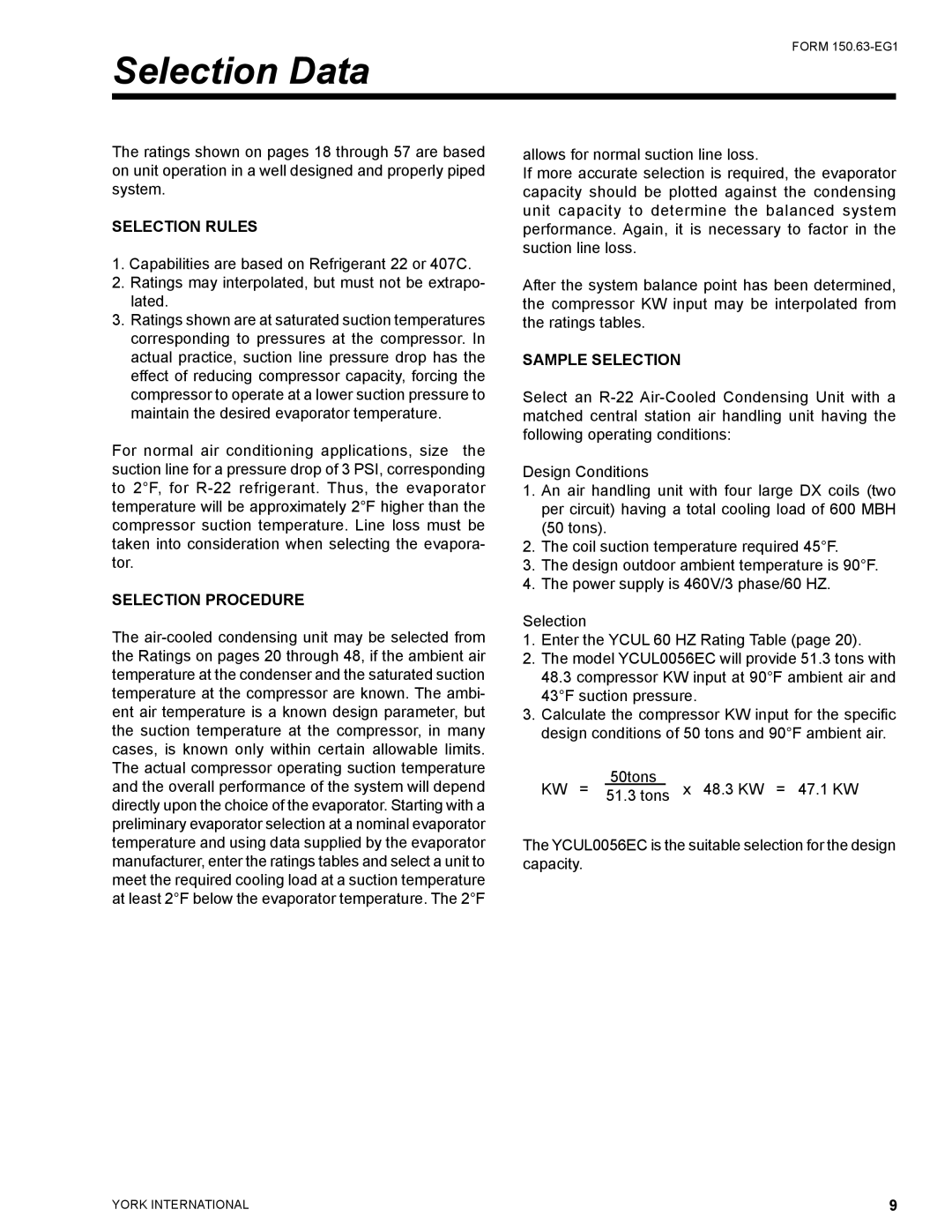 York YCUL0016, YCUL0130 manual Selection Data, Selection Rules, Selection Procedure, Sample Selection 