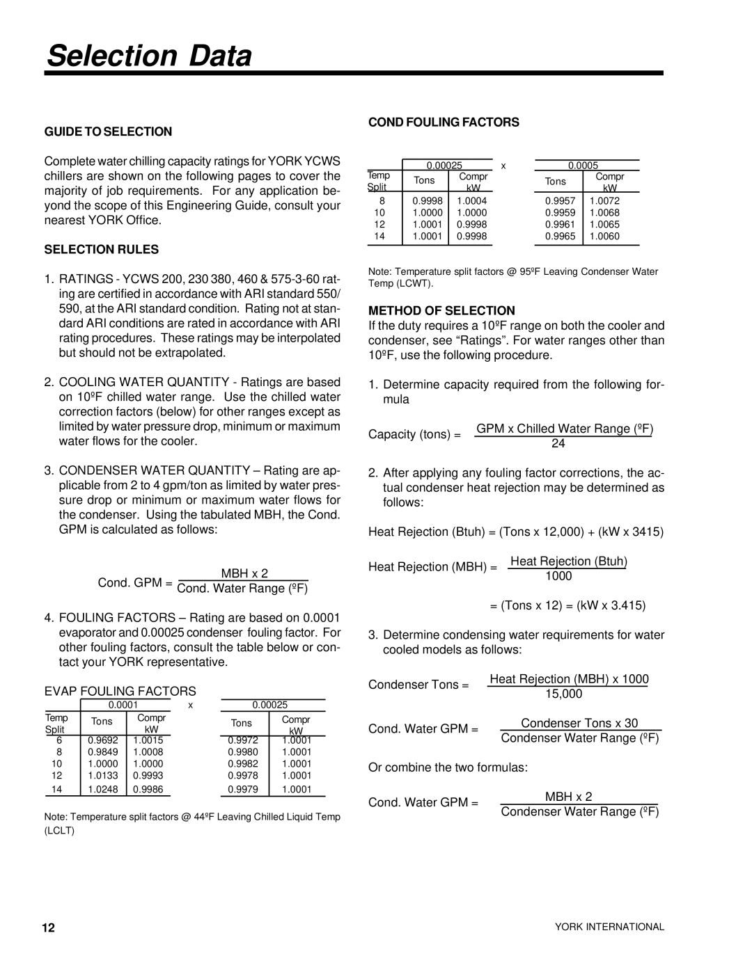 York YCWS manual Selection Data, Guide to Selection, Selection Rules, Cond Fouling Factors, Method of Selection 