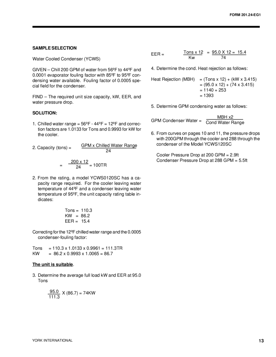 York YCWS manual Sample Selection, Solution 