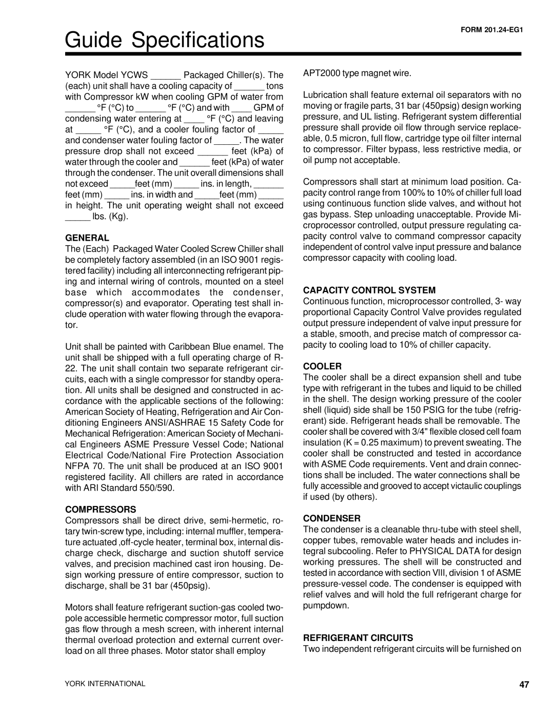 York YCWS manual Guide Specifications, Compressors, Capacity Control System, Refrigerant Circuits 