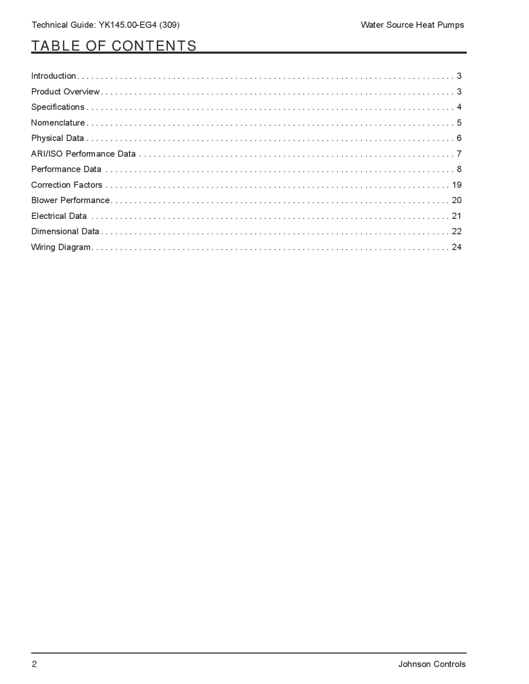 York YK145.00-EG4 manual Table of Contents 