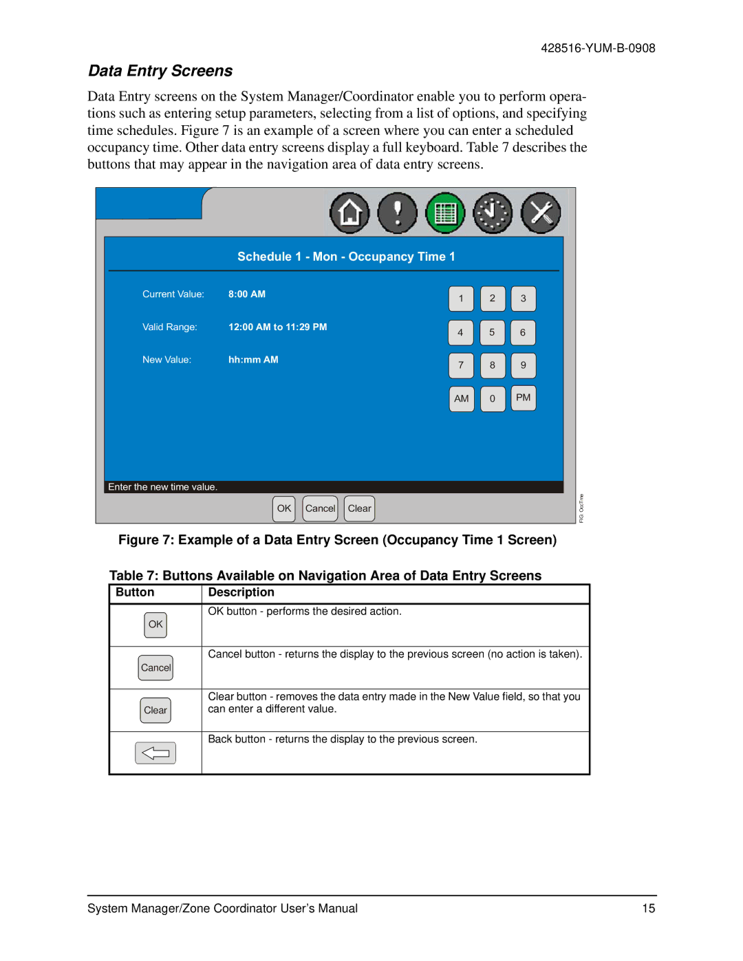 York YKSMU2x0-0, YK-ZCU4x0-0, YK-ZCU2x0-0 user manual Data Entry Screens, Schedule 1 Mon Occupancy Time 