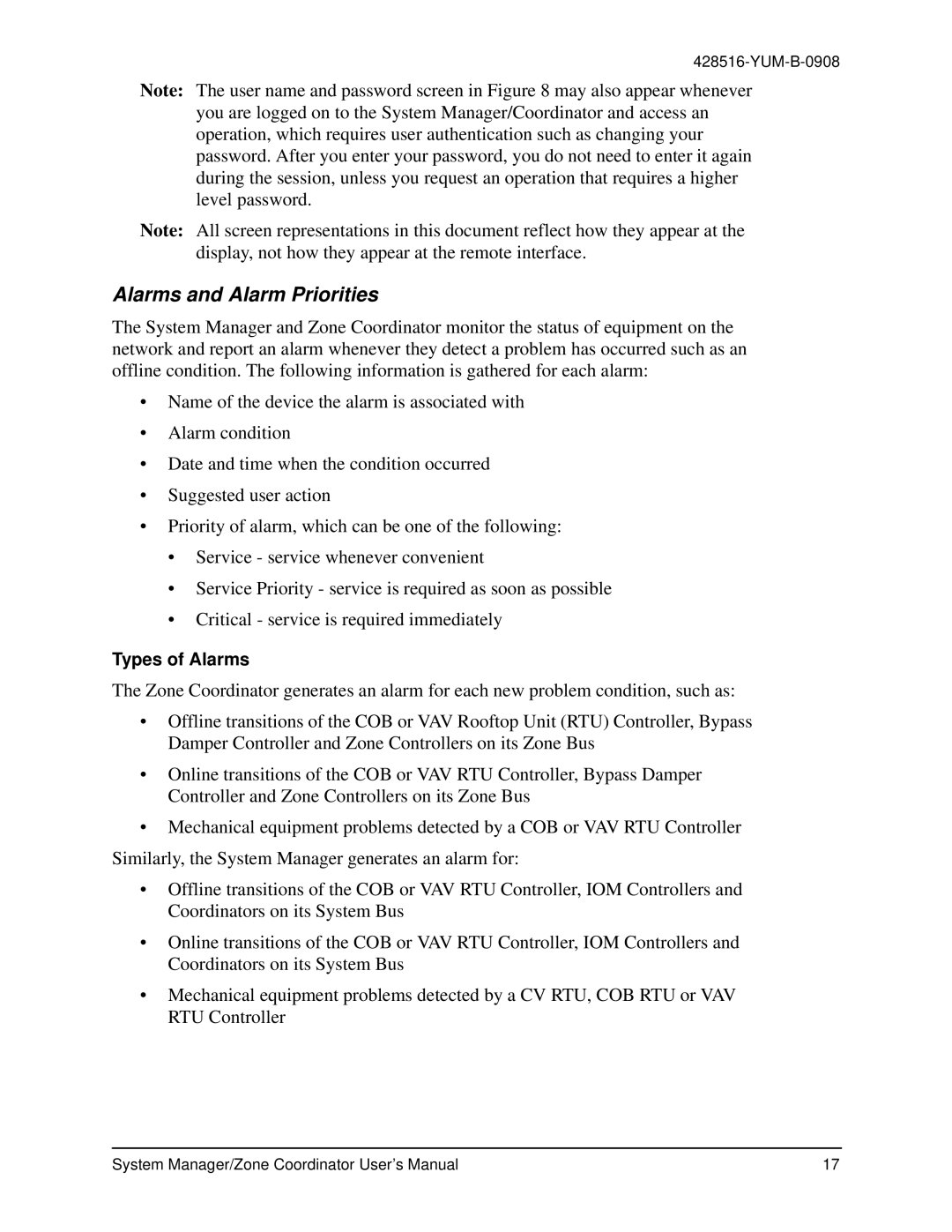 York YK-ZCU2x0-0, YKSMU2x0-0, YK-ZCU4x0-0 user manual Alarms and Alarm Priorities, Types of Alarms 