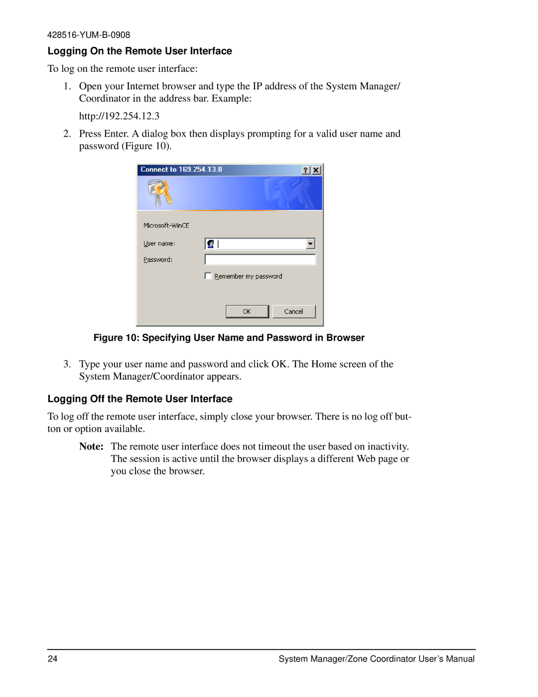 York YKSMU2x0-0, YK-ZCU4x0-0, YK-ZCU2x0-0 Logging On the Remote User Interface, Logging Off the Remote User Interface 