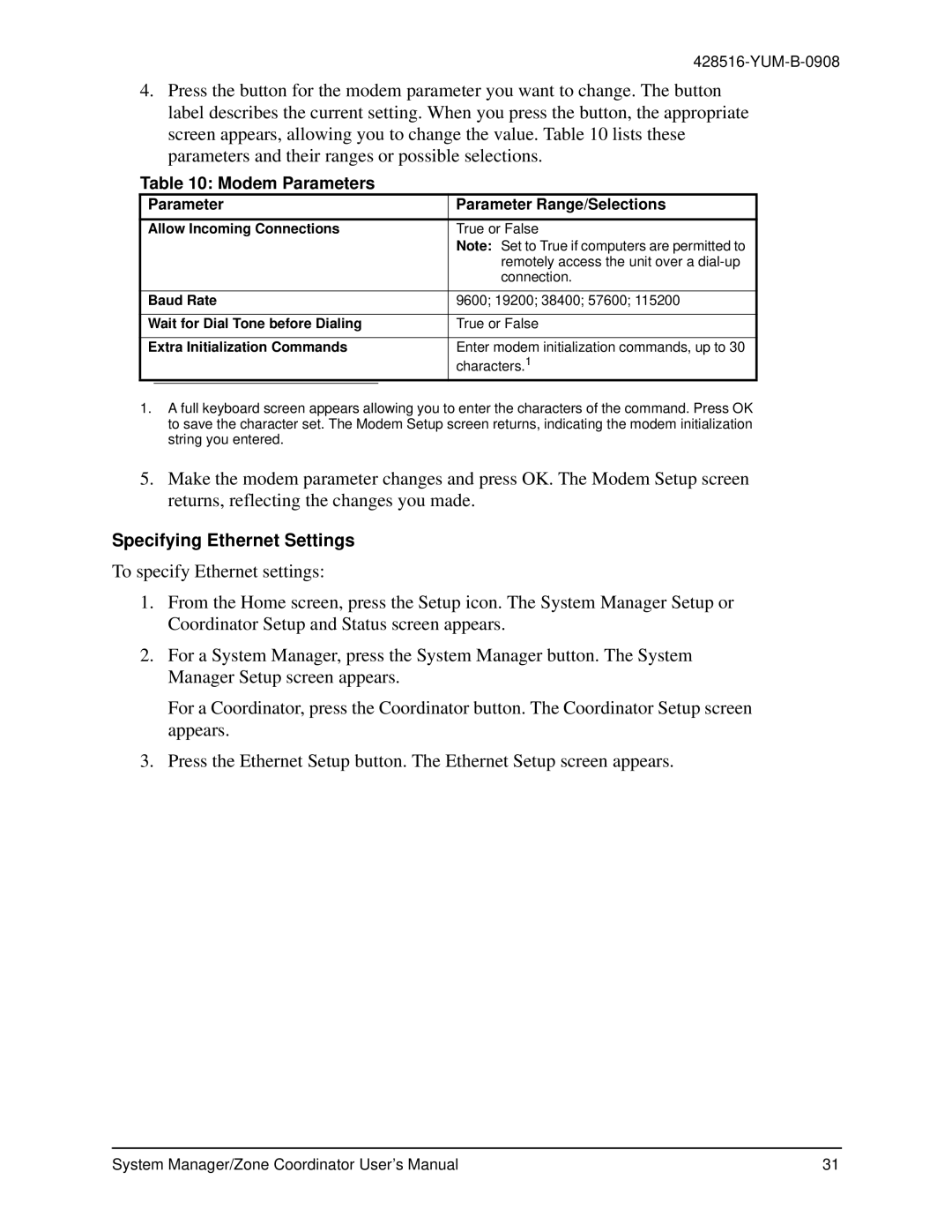 York YK-ZCU4x0-0, YKSMU2x0-0, YK-ZCU2x0-0 user manual Modem Parameters, Specifying Ethernet Settings 