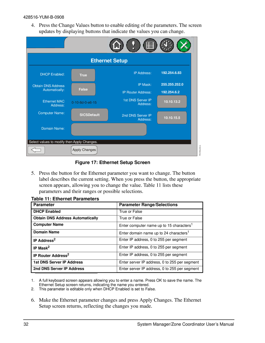 York YK-ZCU2x0-0, YKSMU2x0-0, YK-ZCU4x0-0 user manual Ethernet Setup, Ethernet Parameters 