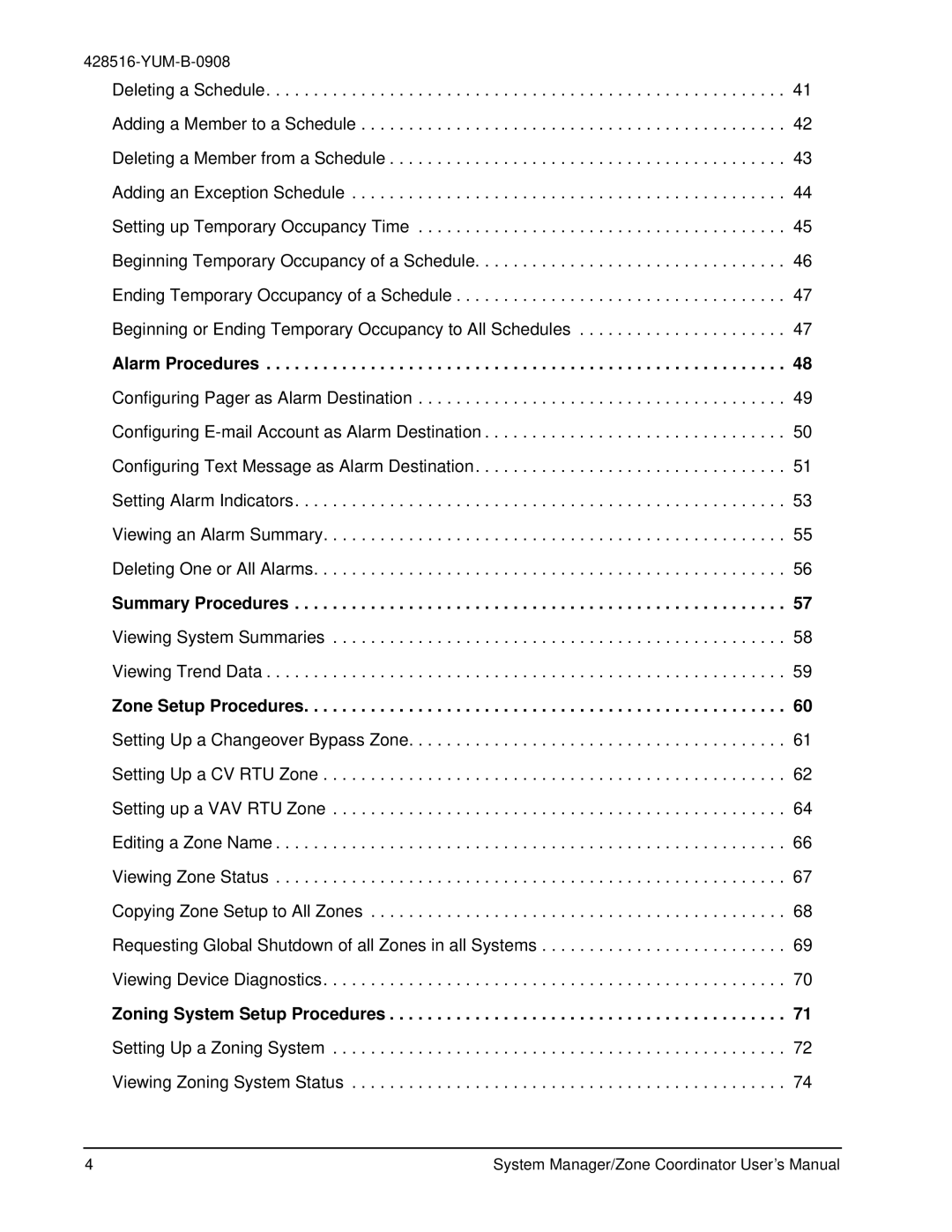 York YK-ZCU4x0-0, YKSMU2x0-0 Alarm Procedures, Summary Procedures, Zone Setup Procedures, Zoning System Setup Procedures 